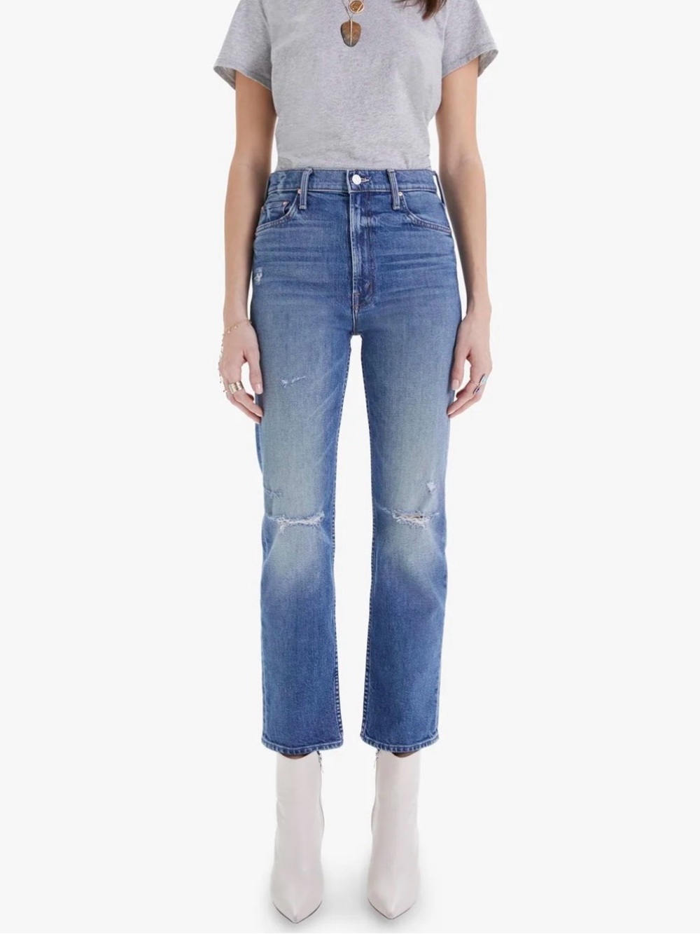 Mother Superior High Waisted Rider Ankle Jeans Distressed Medium Wash